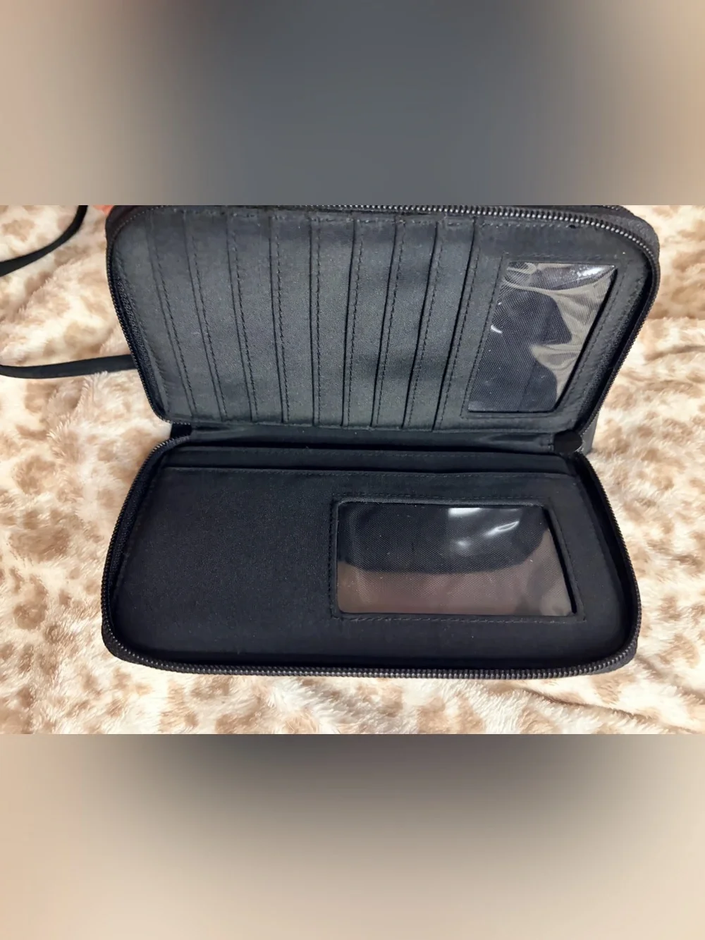 Classic Black Double-Zip Wallet w. Strap | EUC | Two Interior Compartments